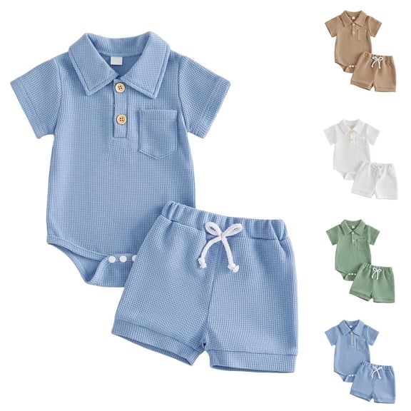 THDHVS Newborn Boy Outfits,Boys' Clothing Sets,Waffle Knit 2 Piece Set with Collared Short Sleeve Top and Shorts for Baby Boy Summer Casual Outfit 3-6 Months