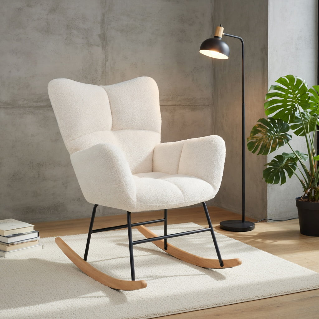 Demi Bonn Upholstered Rocking Chair, Accent Chair with Comfy Backrest and Armrest, Suitable for Home, Living Room and Bedroom, Beige