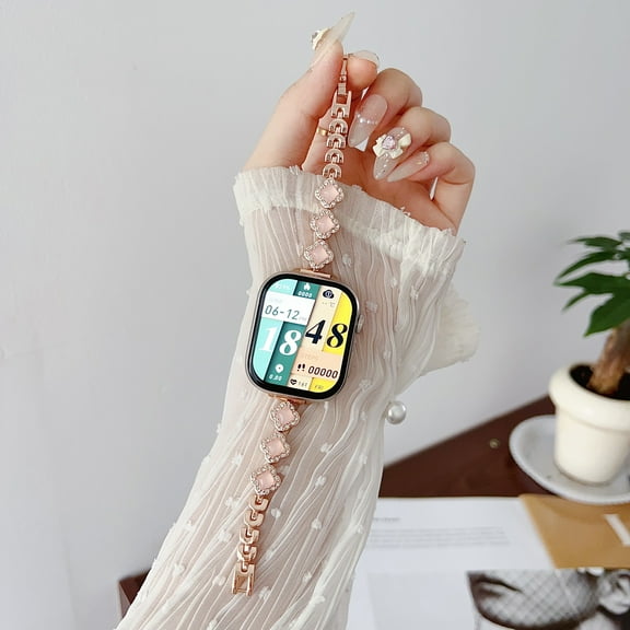 Chain Band Compatible for Apple Watch Band 38mm 40mm 41mm Women Girls,Diamond Clover Gem Elegant Dressy Bracelet Strap with Link Removal Tool for iWatch Series 9/8/7/6/5/4/3/2/1/SE,Rosegold