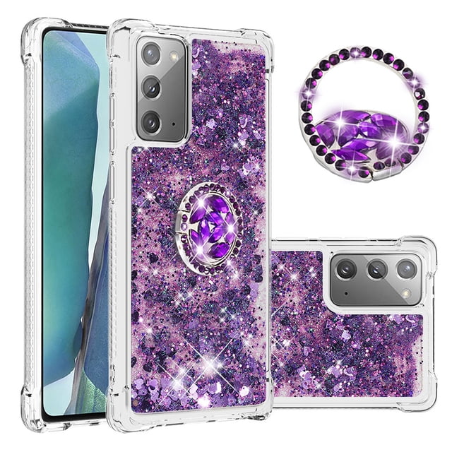 Funda para Samsung Galaxy Note 20 5G con Brillo Líquido Flotante, Purpurina, Parachoques y Anillo Giratorio Soporte