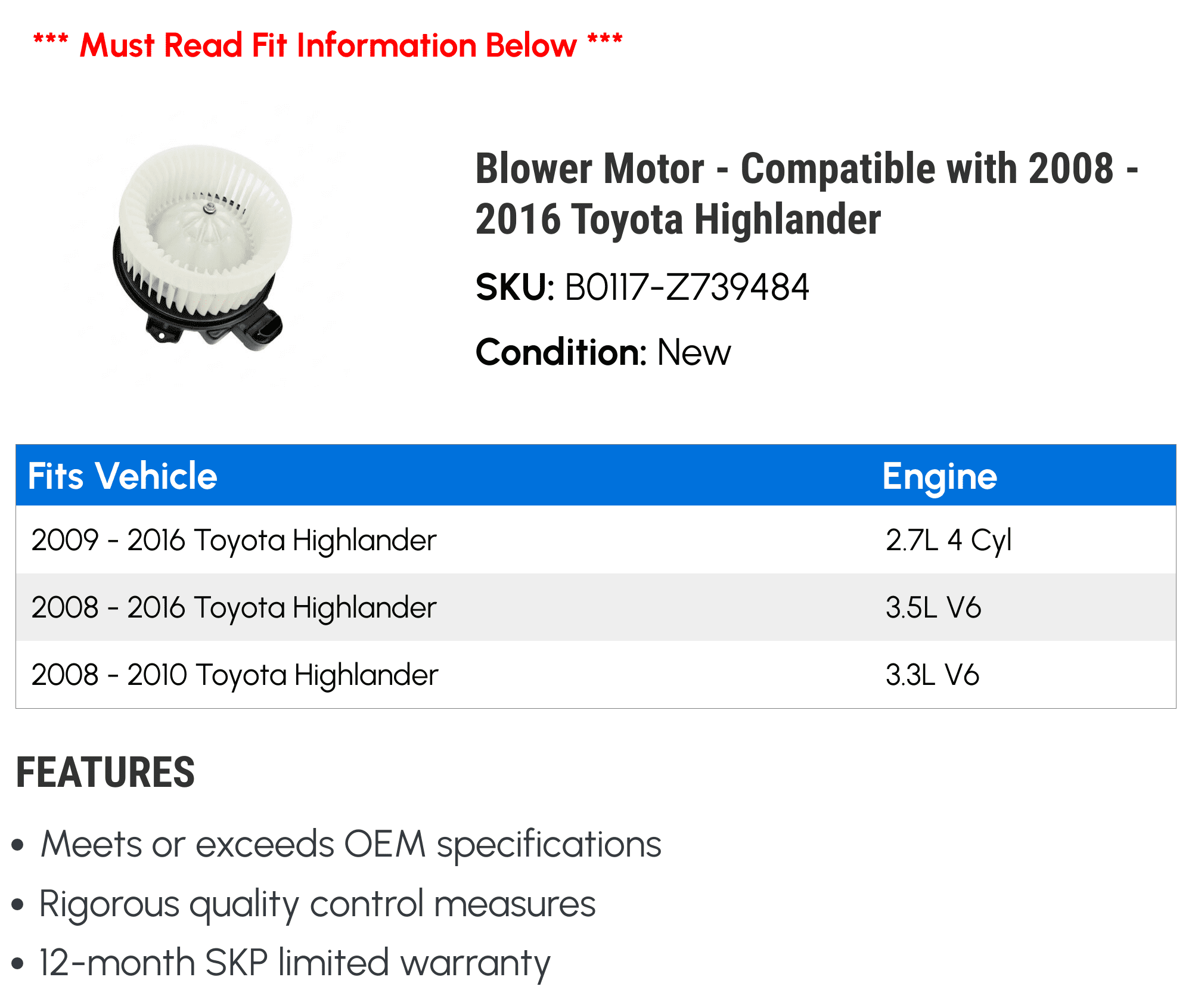 Blower Motor - Compatible with 2008 - 2016 Toyota Highlander 2009 2010 2011 2012 2013 2014 2015