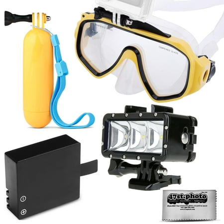 Opteka Scuba Diving Mask + Floating Hand Grip + Waterproof LED Light + Extra Battery for GoPro HERO4, HERO3, HERO2 Black, Silver, Session, SJ6000, SJ4000 and Similar Action
