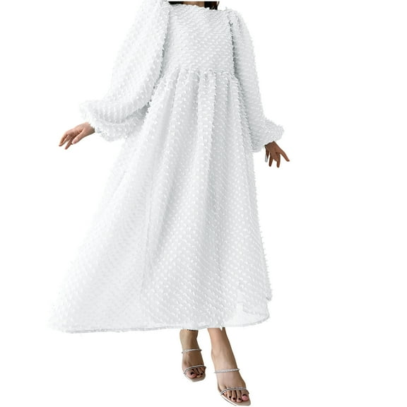 Zedker Womens 2025 Casual Midi Maxi Dresses Lightweight Long Sleeve Crew Neck Elastic Waist Dress, Plus Size White L