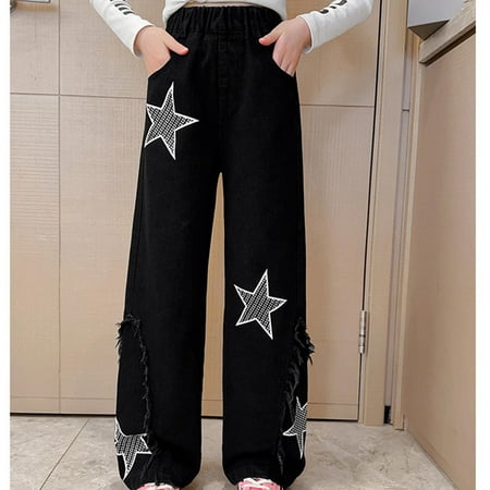 Lightning of Today Prime Xdegoge Girls Jeans Elastic Waist Drawstring Flowy Loose Long Trousers Travel Pants Teen Girl Gifts Trendy Stuff Todays Daily 6-8 Pantalones Para Niñas