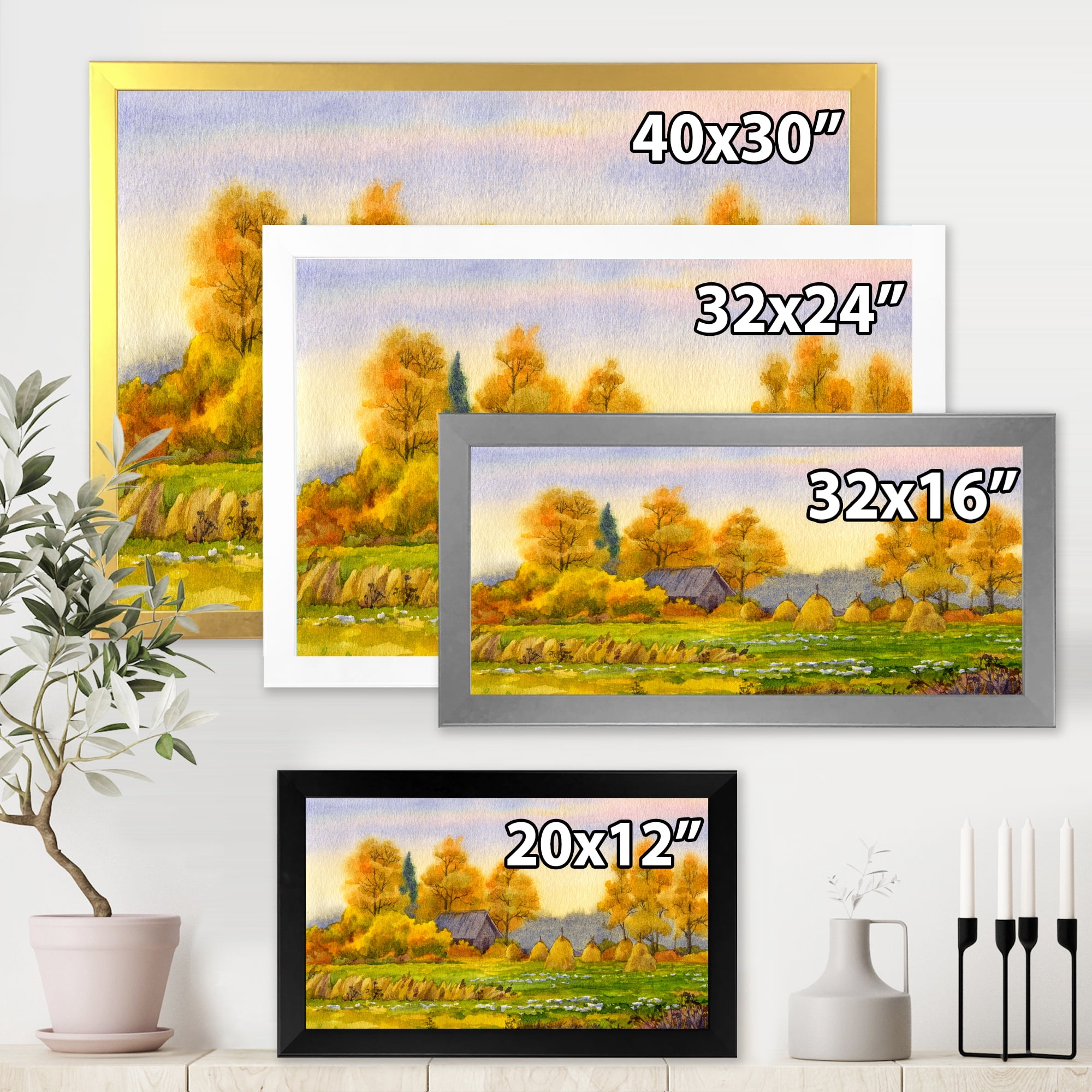 Designart 'Orange Fields With Haystacks II' Lake House Framed Art Print
