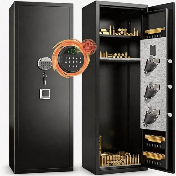 Gun Safe,Rifle Safe With Biometric Gun Safe, Large No-Assembly Rifle Safe,Heat-Resistant Heavy Duty Gun Safes for Home Defense with Adjustable Shelves, Black (13.7×11.81×57.09 inch)
