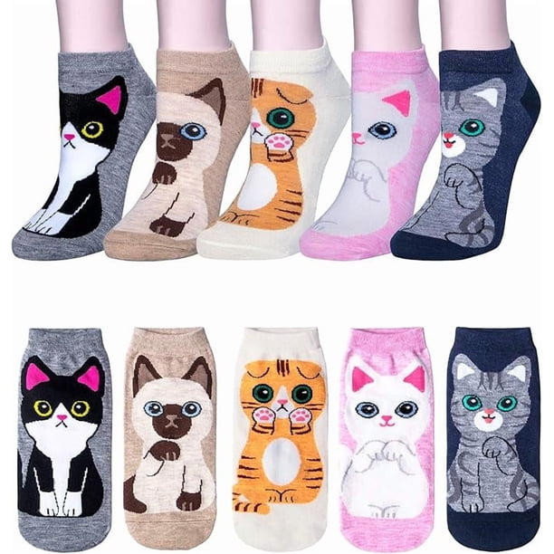 5 pares de calcetines tobilleros cómodos para mujer, con diseño de animales, gatos y perros, de algodón, divertidos, para mujeres y niñas, talla única