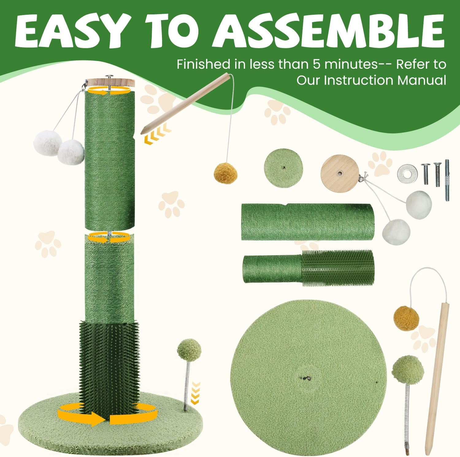 30" Tall Cat Scratching Post with Self Groomer Cat Brush, Sisal Scratch Posts with Removable Cat Teaser, Kitten Claw Scratch 4 Dangling Toy Balls, Cat Scratcher Post for Indoor Cats and Kittens