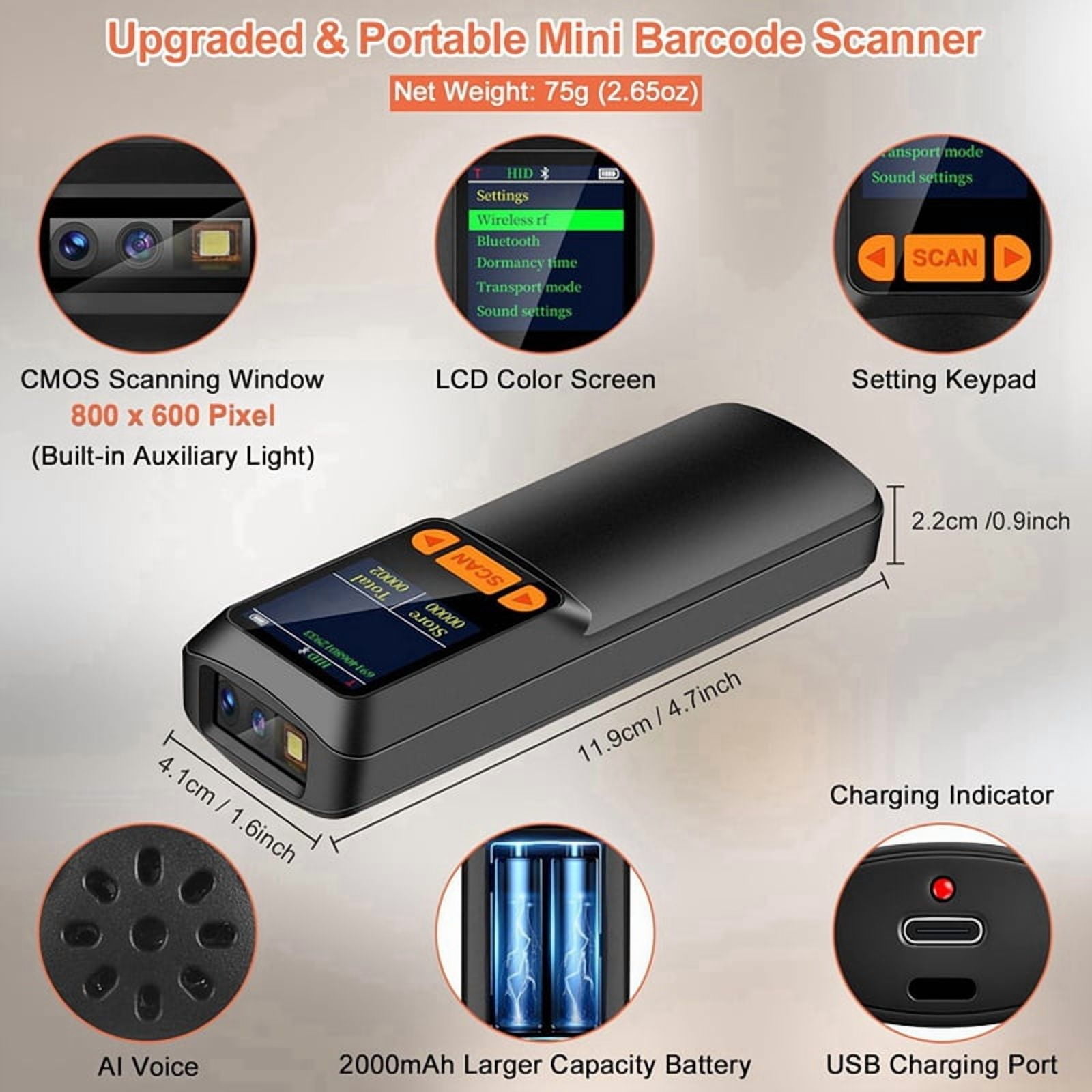 Portable Bluetooth Barcode Scanner, Wireless 2D QR 1D Bar Code Scanner with LCD Display for Smart Phone, Computer & POS
