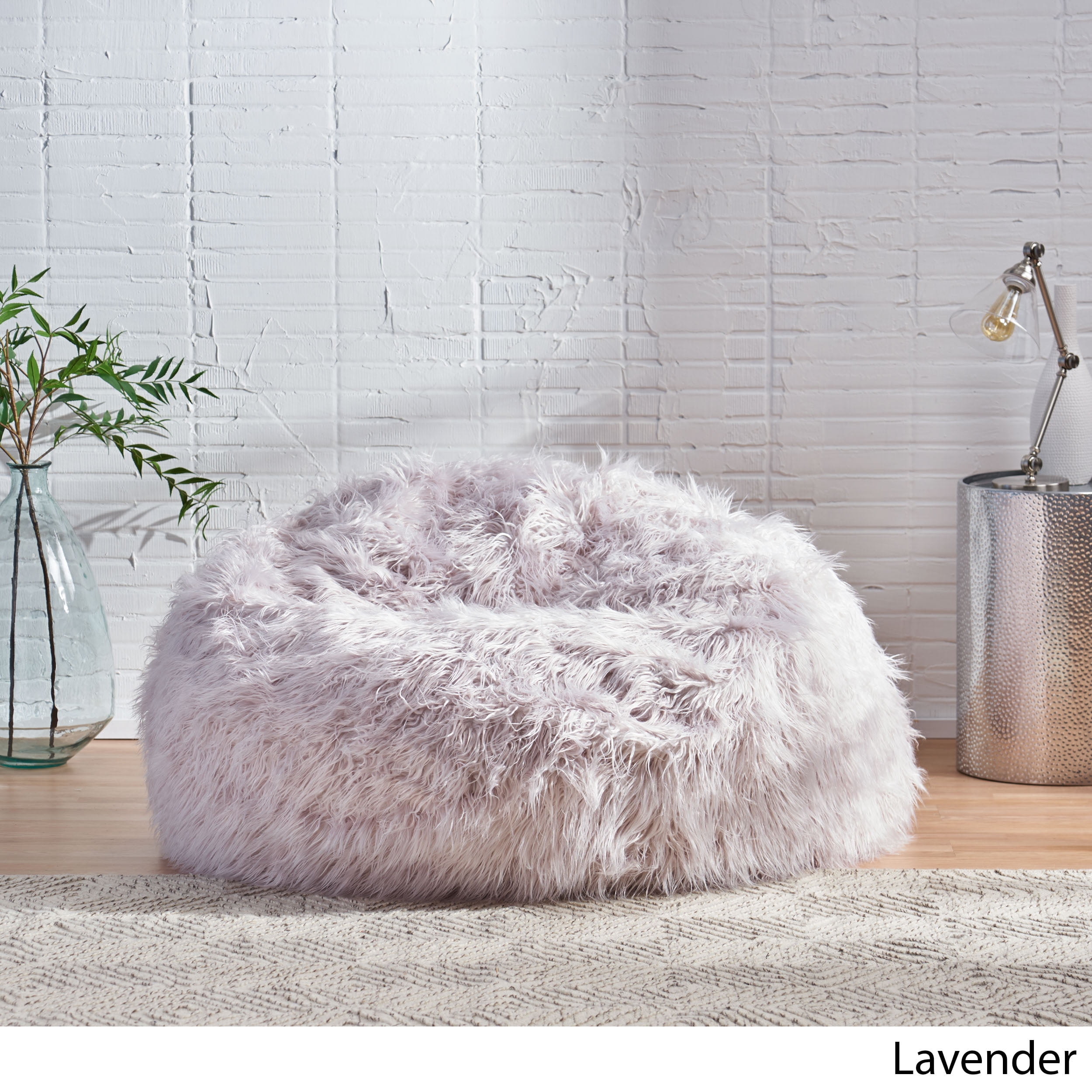 Noble House Rubani 5 ft Long Faux Fur Bean Bag Chair Lavender
