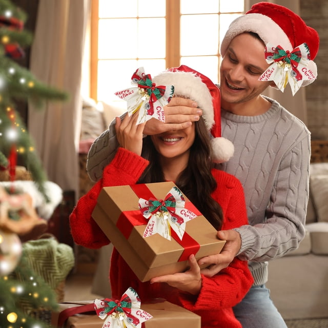 Adornos navideños, regalos navideños 2024, colgante de lazo navideño con caja de regalo para árbol de Navidad, decoración de lino con lazo de letras estampado, decoraciones para festivales.