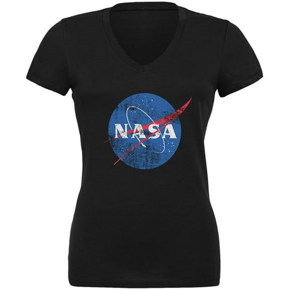 NASA Distressed Logo Juniors V-Neck T Shirt Black LG