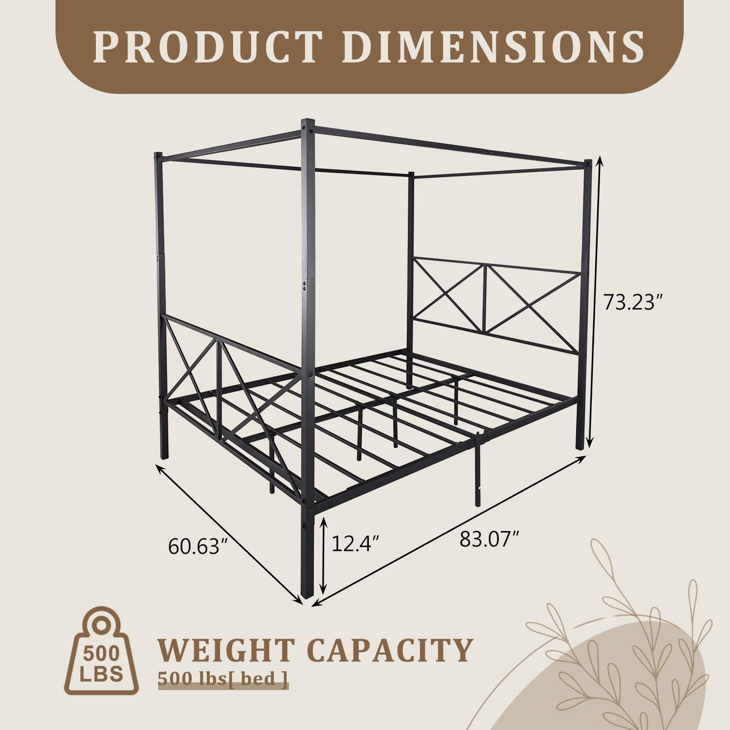 Leumius Queen Metal Canopy Bed Frame,Platform Bed Frame Queen with X Shaped Frame,Black
