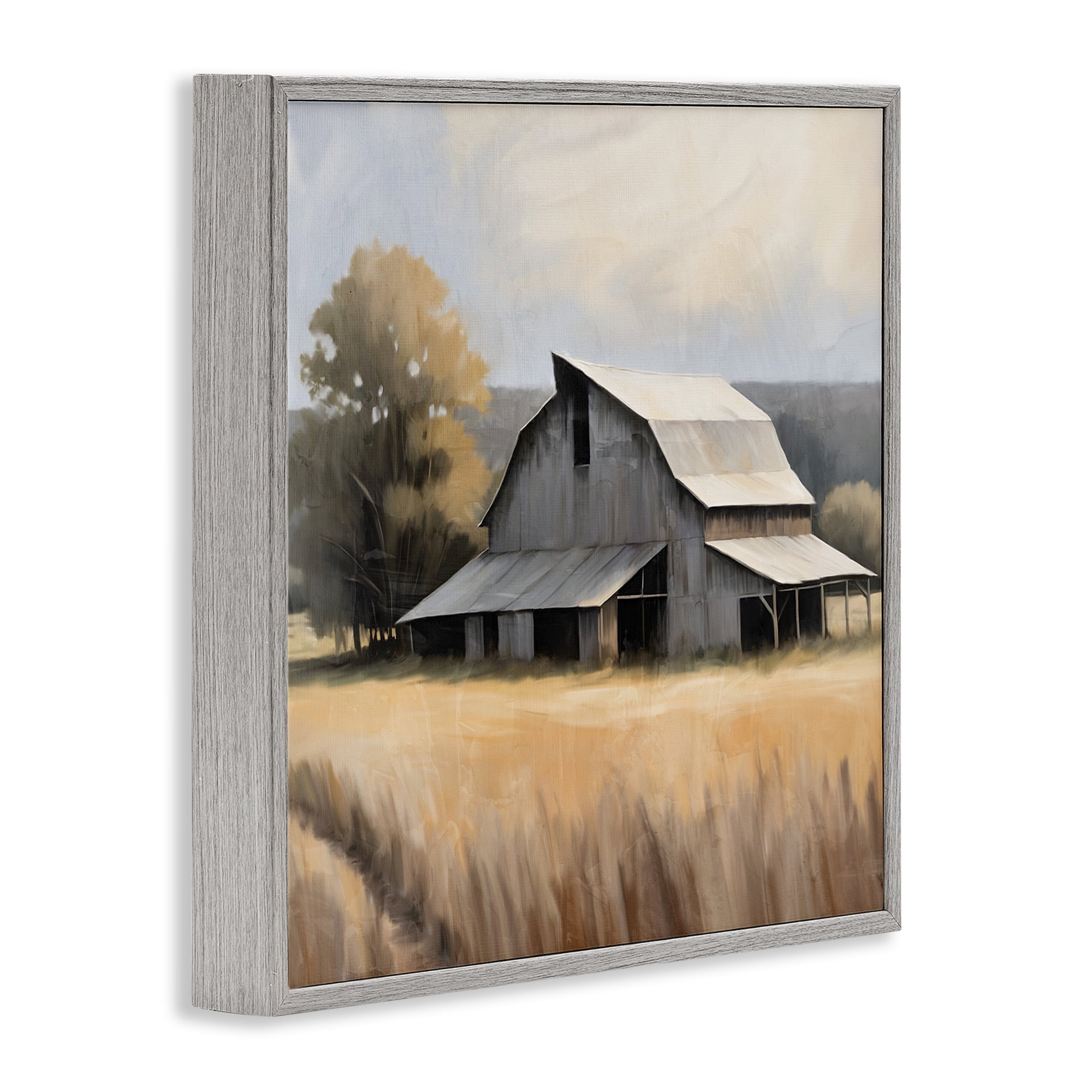 Stupell Industries Peaceful Barn in Field Landscape Painting Gray Framed Art Print Wall Art, 12 x 12