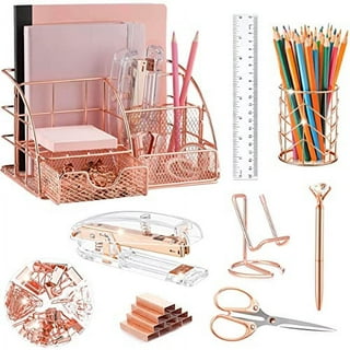 Paper Junkie Rose Gold Desk Organizer Set for Home and Office Supplies,  Accessories with Pen, Pencil, Business Card, Note, and Clip Holders