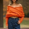 thumbnail image 2 of PMVFHDE Women's V-Neck Cross Front Solid Color Sweater Versatile Off Shoulder Way Scarf Top Orange,One Size, 2 of 5
