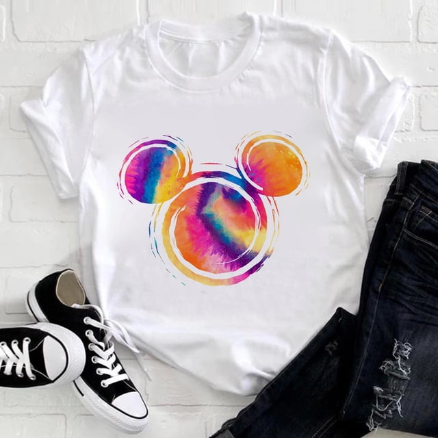 Disney Mickey Mouse Head Print T Shirt Woman Usa Harajuku Youthful Style Disneyland Clothes Aesthetic Fashion Female Tops TeeL Gao Jinjia LED