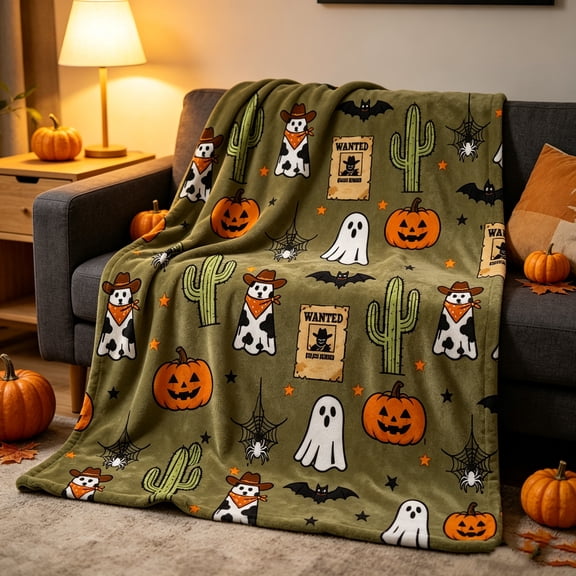 Halloween Cowboy Blanket Gifts 27 x 39in Flannel Lightweight Soft Cozy Cowboy Cactus Ghosts Two Sided Blankets Throws Bedding Couch Sofa Bedroom Travel