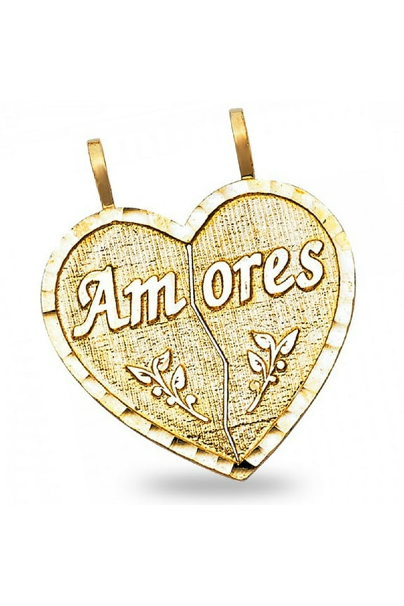 14k Yellow Gold Amores Broken Heart Couple Sharing Love Charm Diamond Cut Pendant New 24 mm x 26 mm