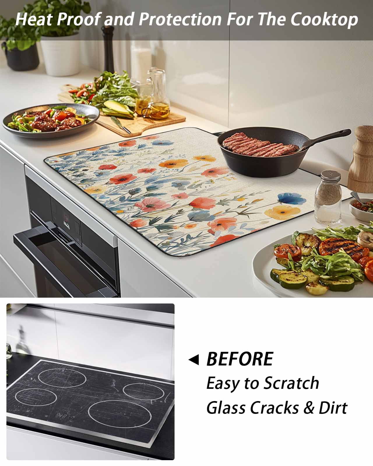 Stove Top Covers for Electric Stove, Spring Floral Glass Stovetop Cover Protector, Watercolor Elegant Summer Botanical Rustic Induction Cooktop Protector Oven Mat for Kitchen Countertop 24"x21"