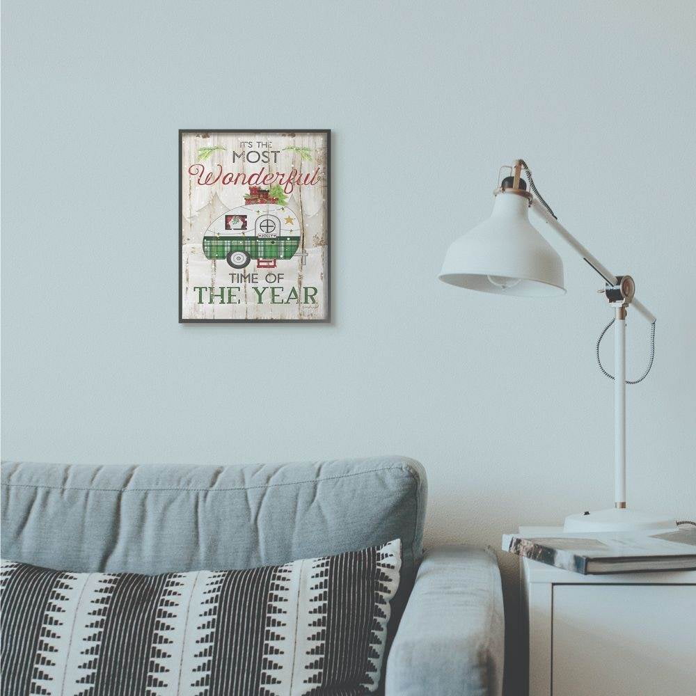 Stupell Industries Most Wonderful Time Green Plaid Camper Wood Texture Holiday Word DesignFramed Wall Art By Artist Jennifer Pugh