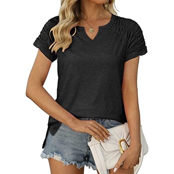 Minnieouse Verano plisado manga corta Color sólido empalme cuello en V camiseta Casual básico Tops camisas femeninas camisetas diarias para Prendas para la parte del cuerpo Negro XXL