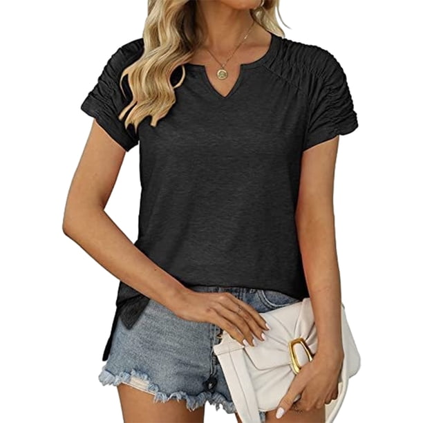 Minnieouse Verano plisado manga corta Color sólido empalme cuello en V camiseta Casual básico Tops camisas femeninas camisetas diarias para Prendas para la parte del cuerpo Negro METRO