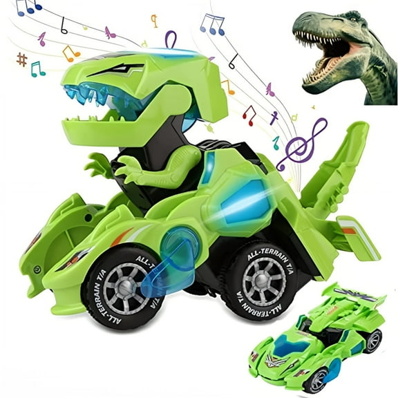 Toy Cars for Boys 3-6 Year Old Girls with LED Light and Music,Automatic Transforming Dinosaur Car Toys Birthday Gifts for Kids Toddlers,Green