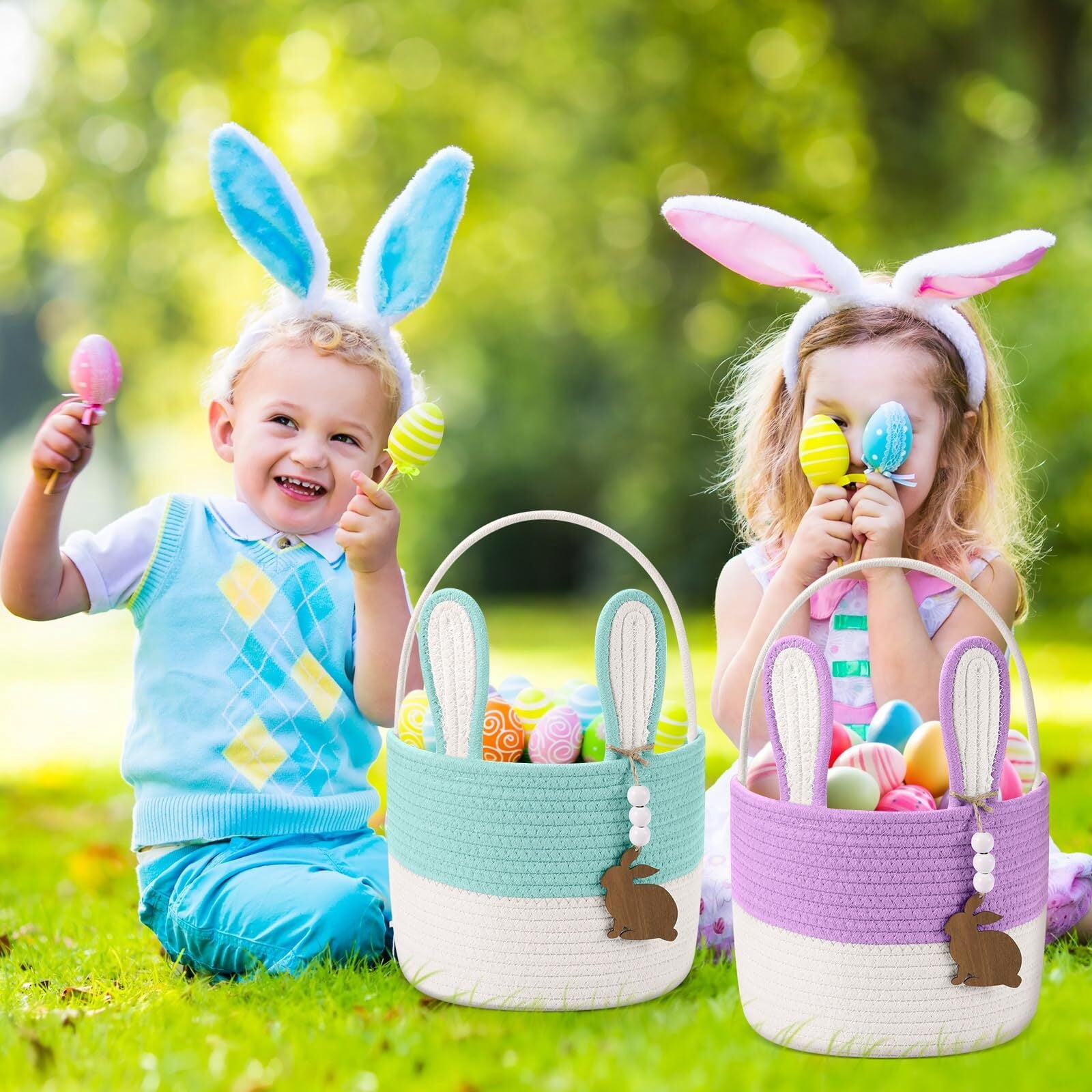 Easter Bunny Basket for Kids, Set of 2 Rabbit Ear Easter Basket with Rabbit Wood Bead Tags, Egg Hunt Bucket for Girls Boys(Yellow White)
