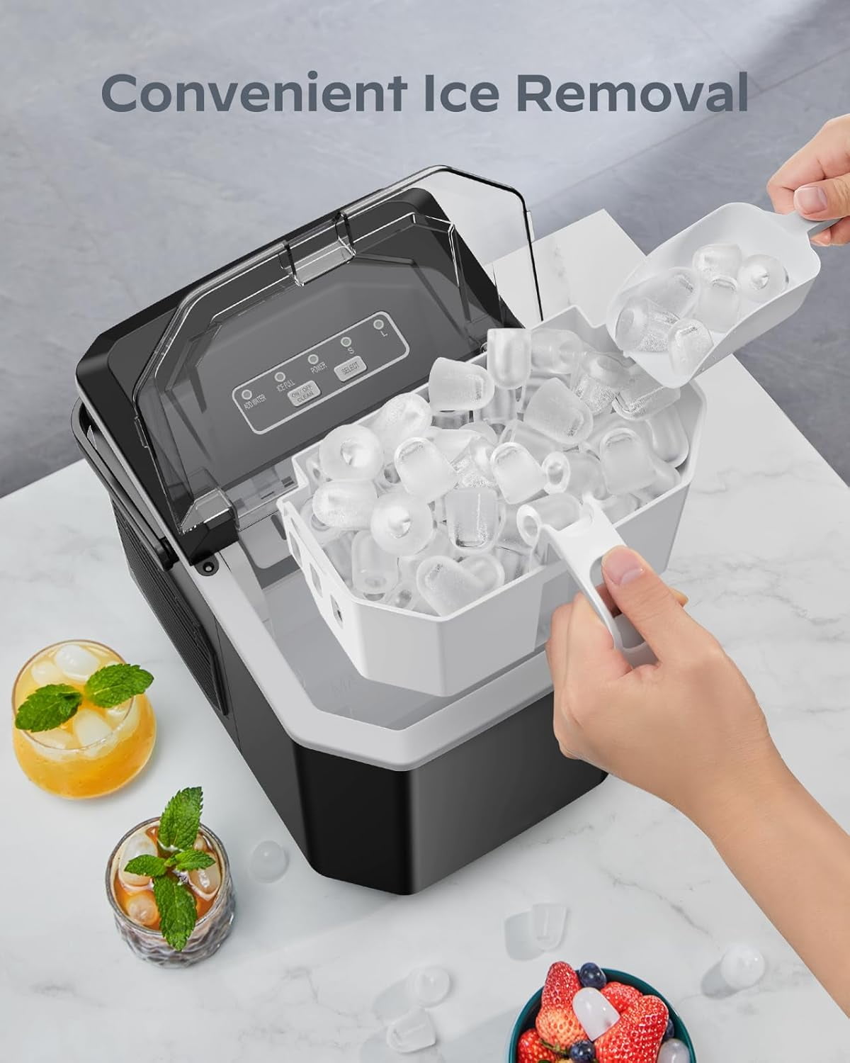 Ice Maker Countertop Machine with Handle, 26lbs in 24h, 9 Ice Cubes Ready in 6 Mins, Self-Cleaning Ice Makers with Basket and Scoop, Ideal for Home, Kitchen, Camping, RV