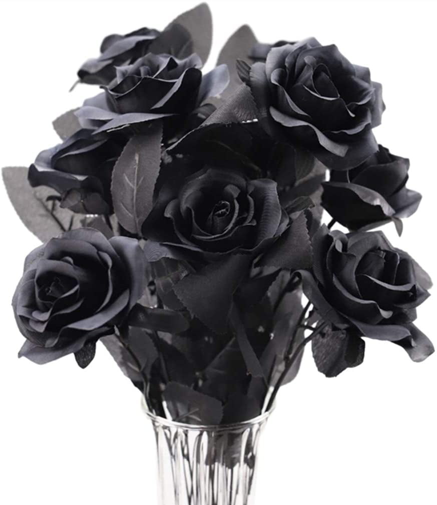 Sogaml 10 Pcs Artificial Glitter Black Roses,Halloween Glitter  Black/Red/White Faux Roses Bouquet, Realistic Flowers Arrangements for  Halloween