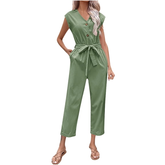 Kmdttou Summer Clearance! Summer Sleeveless V-neck Solid Color Straight Leg High Waisted Lace Up Jumpsuit on Clearance!