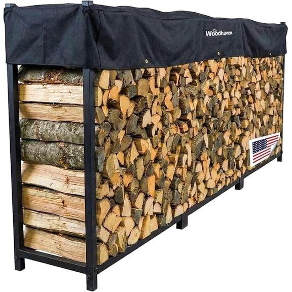 Woodhaven 12 Foot 3/4 Cord Black Outdoor Wood Rack With Optional Seasoning Cover - Heavy Duty Metal Log Rack For Storing Wood - Black Powder Coat Finish (Cover)