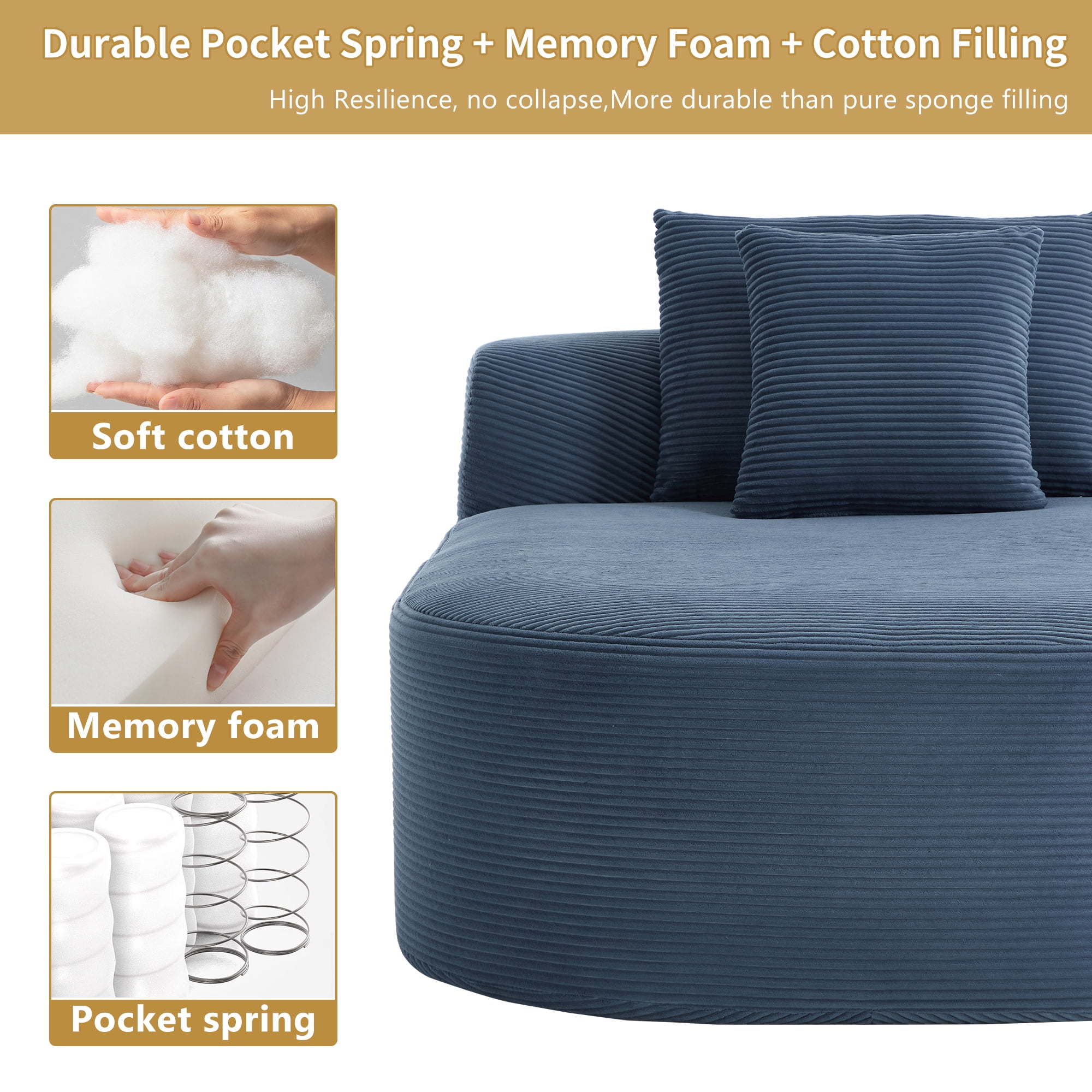 Leumius 68" Chaise Lounge Chair Indoor,Oversized Corduroy Upholstered Boneless Sofa Bed,Deep Seat Sleeper Couch Reading Chairs,Comfy Cloud Sofas Couches for Living Room,No Assembly Required,Blue