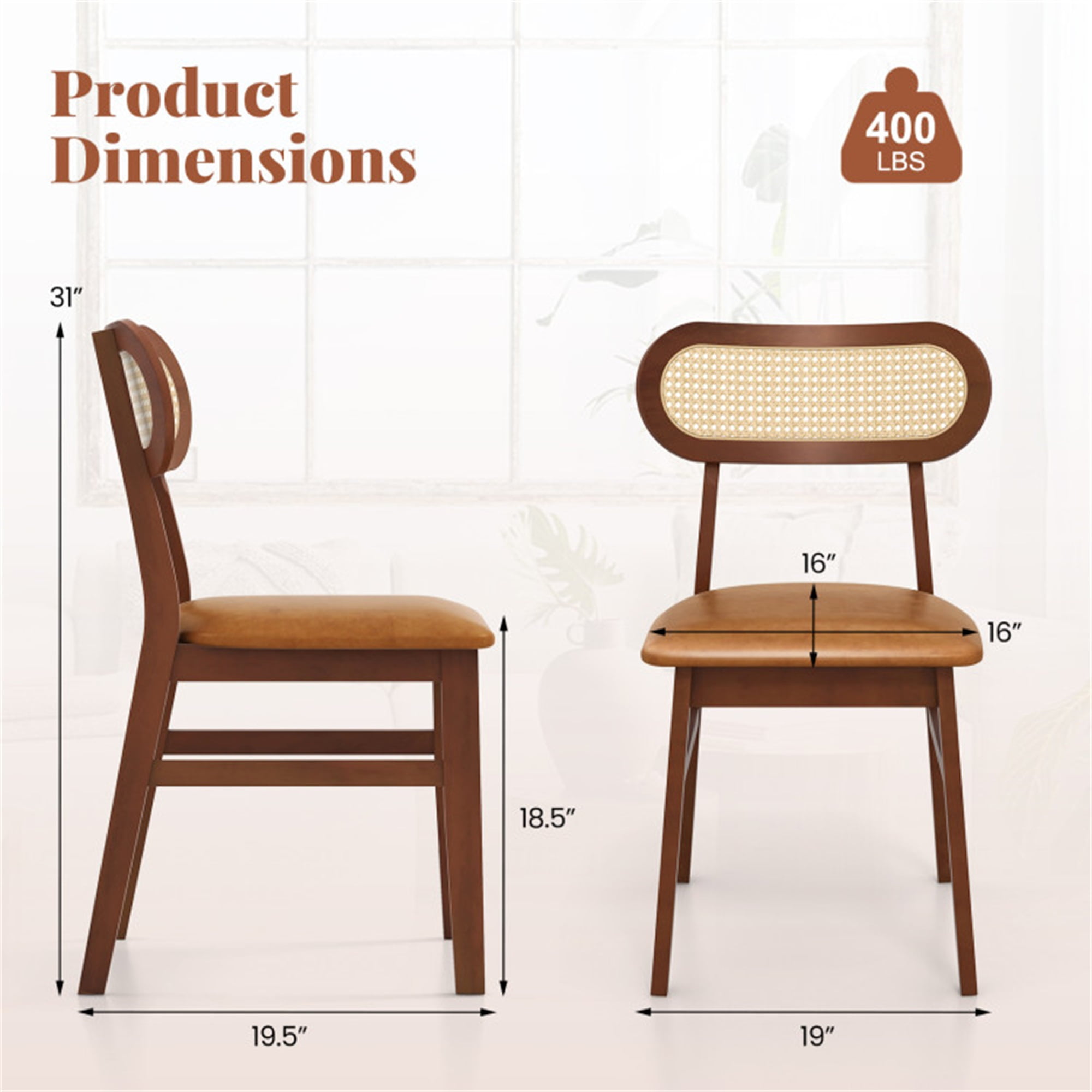 Demi Bonn Set of 2 Indoor Mid Century Wood Dining Chairs with Breathable Mesh Cane Backrest for Dining Room, Brown