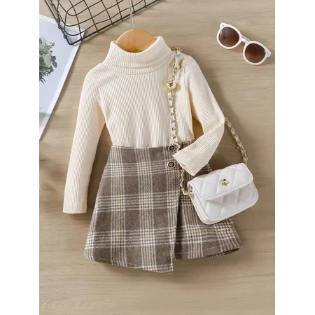 

GEDER-F1 2pcs Girls Long Sleeves High Neck Top & Plaid Skirt Set Kids Clothes