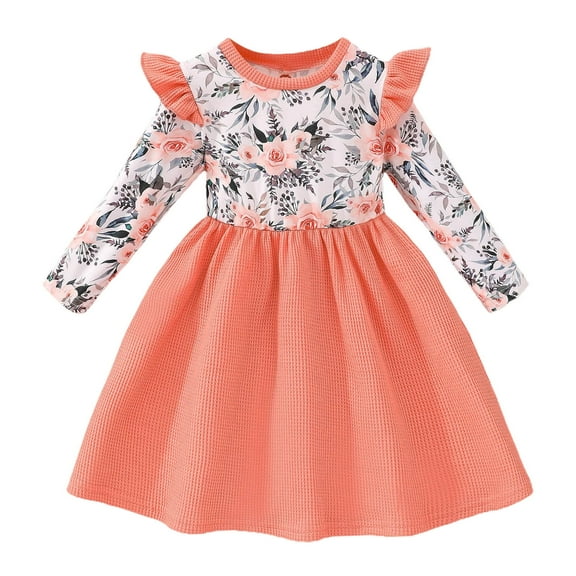 Girls Dress Long Sleeve Floral Prints Christmas Princess Dress Dance Party Dresses Fall Winter Clothes Baby Girl Dress Orange 18 Months-24 Months