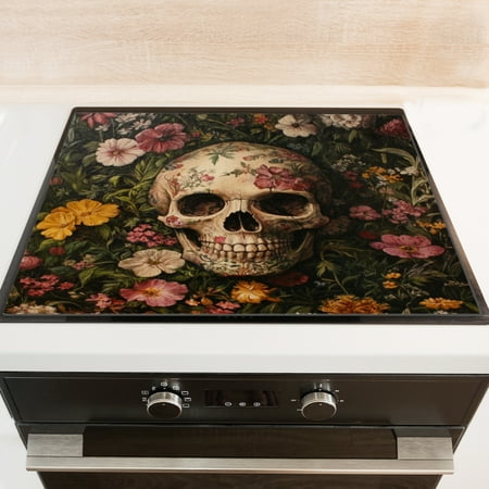 

Silicone Stove Mat for Glass Top Stove Skull Surrounded By Beautiful Flowers Electric Stove Cover Mat 28 x 20 Inch Heat - Resistant Gas Gtove Burner Covers Glass Stove Top Protector