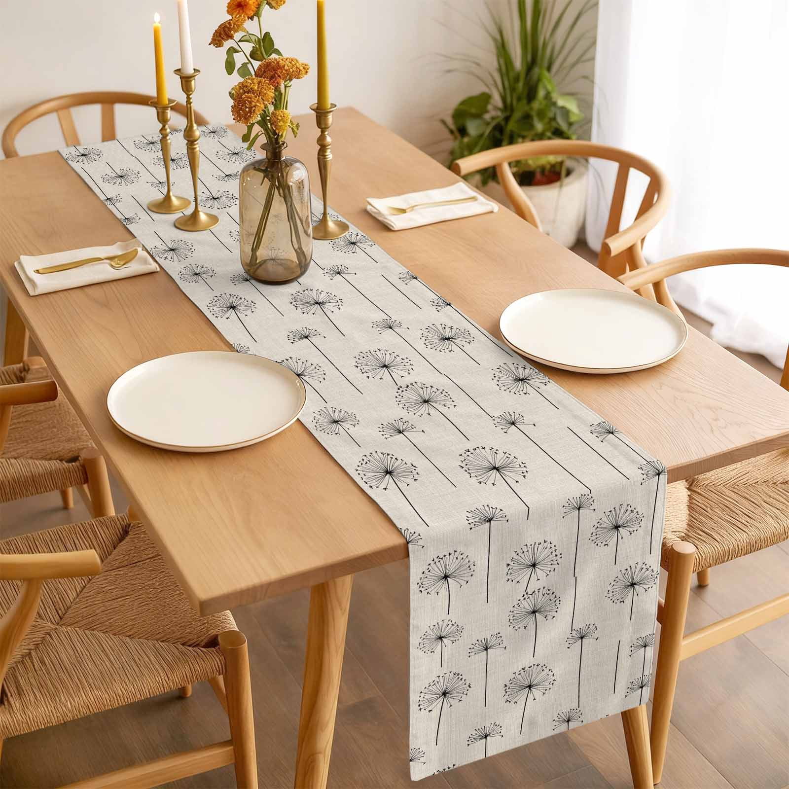 Spring Dandelion Cotton Linen Table Runner Vintage Abstract Black Dandelion Wildflower Linen Dining Table Runners for Home Decor Party Dining Room Restaurant Kitchen 13" x 120"