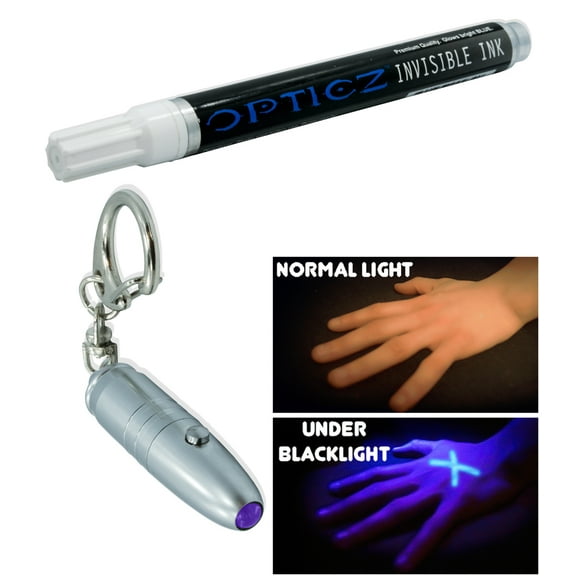 Opticz Blacklight Reactive Invisible Ink Marker with Mini UV Light, Fine Point, Blue, 15ml Count