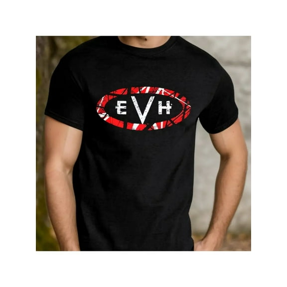Red Oval Pattern White EVH Printed T-shirt. Male Black Cotton Short Sleeve, Loose Half Sleeve, Simple Design, Neat Stitching. Casual and Trendy.