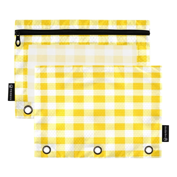 2 Pack 3 Ring Binder Pouch with Clear PVC Window Water Resistant Zipper Pencil Pouch Yellow Sunny Checkered Print Binder Pocket for Classroom Office Home Stationery Organization