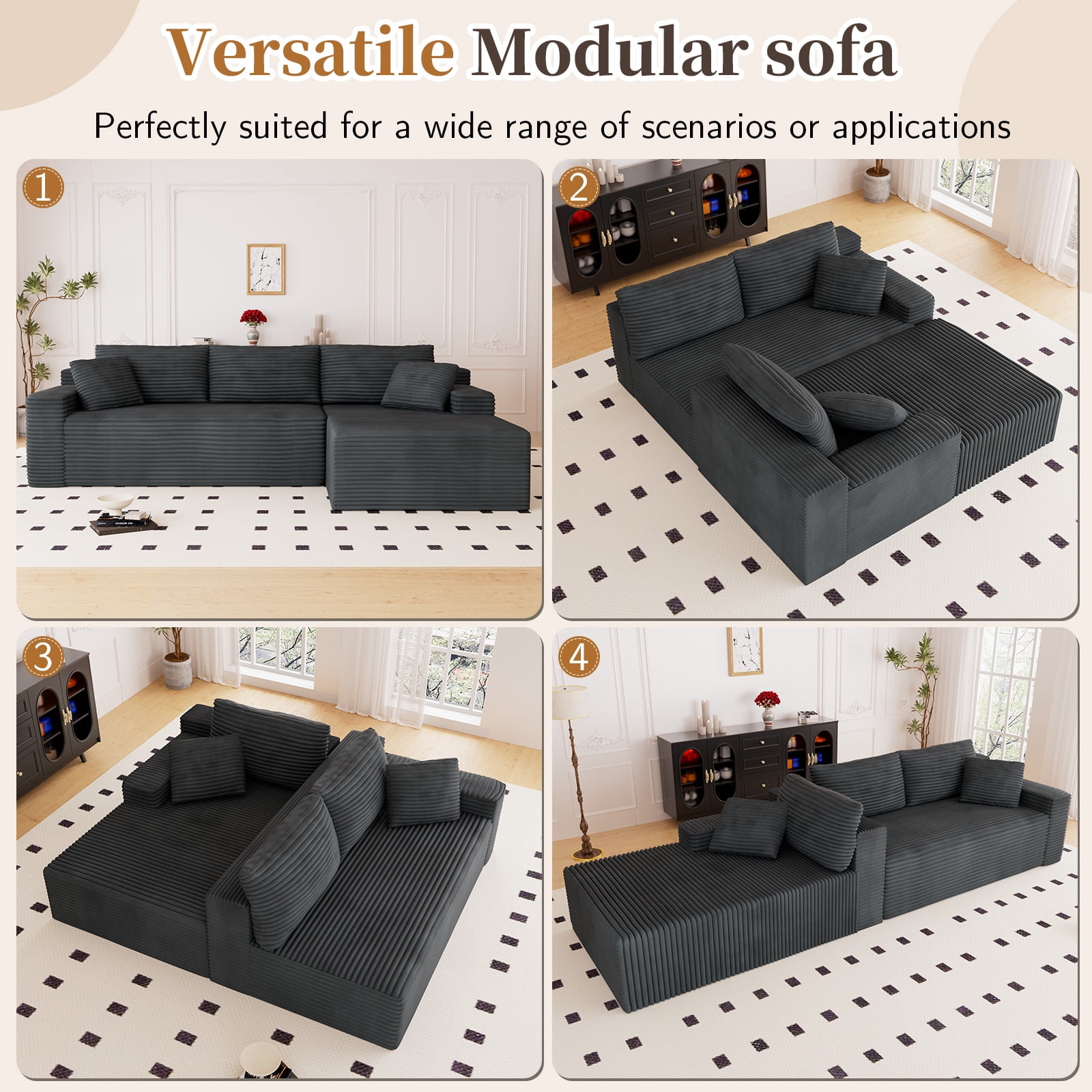 Lunale 105" Modular L-Shaped Sectional Sofa, Boneless Cloud Couch, No Assembly Required, Modern Deep Seat Corduroy Sofa for Living Room, Dark Gray (Right Facing Chaise)