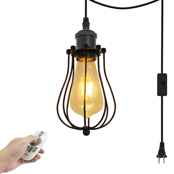 Kiven 1-Light Plug in Pendant Light,Industrial Hanging Light with 15FT Cord, Remote Control, Dimmable Ceiling Pendant Light, E26 Socket, Matte Black Finish