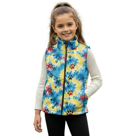 Xoenoiee Dog Paw Tie Dye Print Girls Fleece Vest with Pockets Lightweight Sleeveless Zip Up Stand Collar Jacket Casual Sports Outerwear Soft Warm Outerwear 5-6 Years