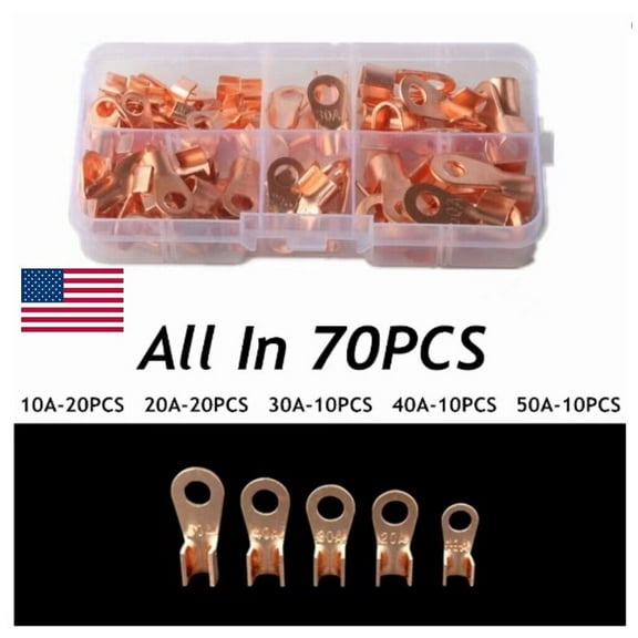 70PCS Open Barrel Wire Crimp Connector Tubular Battery Cable Eye Copper Terminal