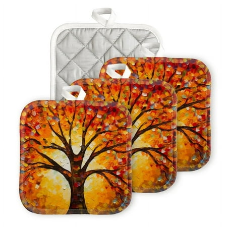 

BaHomeck Pot Holders 4pcs dacron Made Square heat-resisting mat Machine Washable for Kitchen Oven Hot Pads 6.7inch*6.7inch Abstract Tree Of Life With Vibrant Autumn Colors