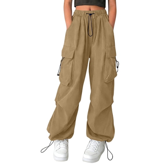 ZHANGDER Girls Cargo Pants Elastic Waist Drawstring Y2K Trousers with Pockets Wide Leg Jogger Pants, Khaki 12-13 Years