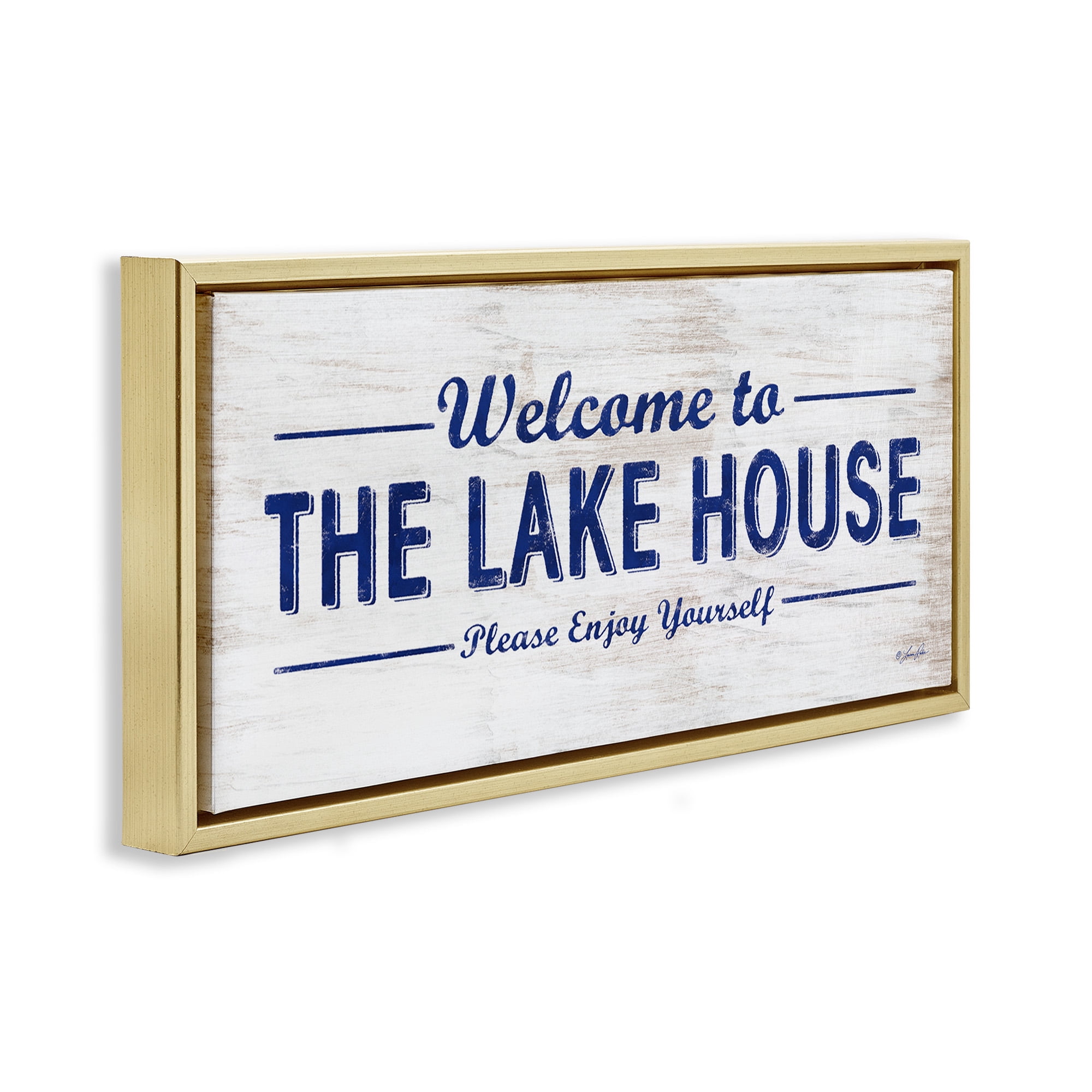 Stupell Industries Rustic Lakehouse Welcome Typography Painting Gold Floater Framed Canvas Art Print Wall Art, 25 x 11