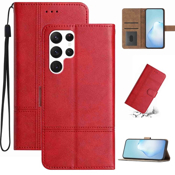 Wallet Case for Samsung Galaxy S22 Ultra with Credit Card Holder, Flip Kickstand, Magnetic Clasp, Folio PU Leather Phone Cover, Shockproof Full Body Case for Samsung Galaxy S22 Ultra, Red